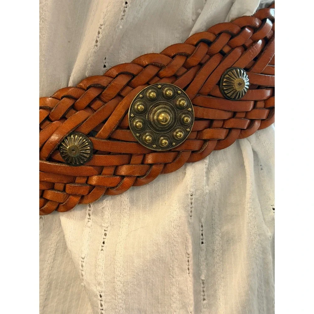 DKNY 90's Leather Braided Woven Belt Brown Brass Concho Studded M/L Western